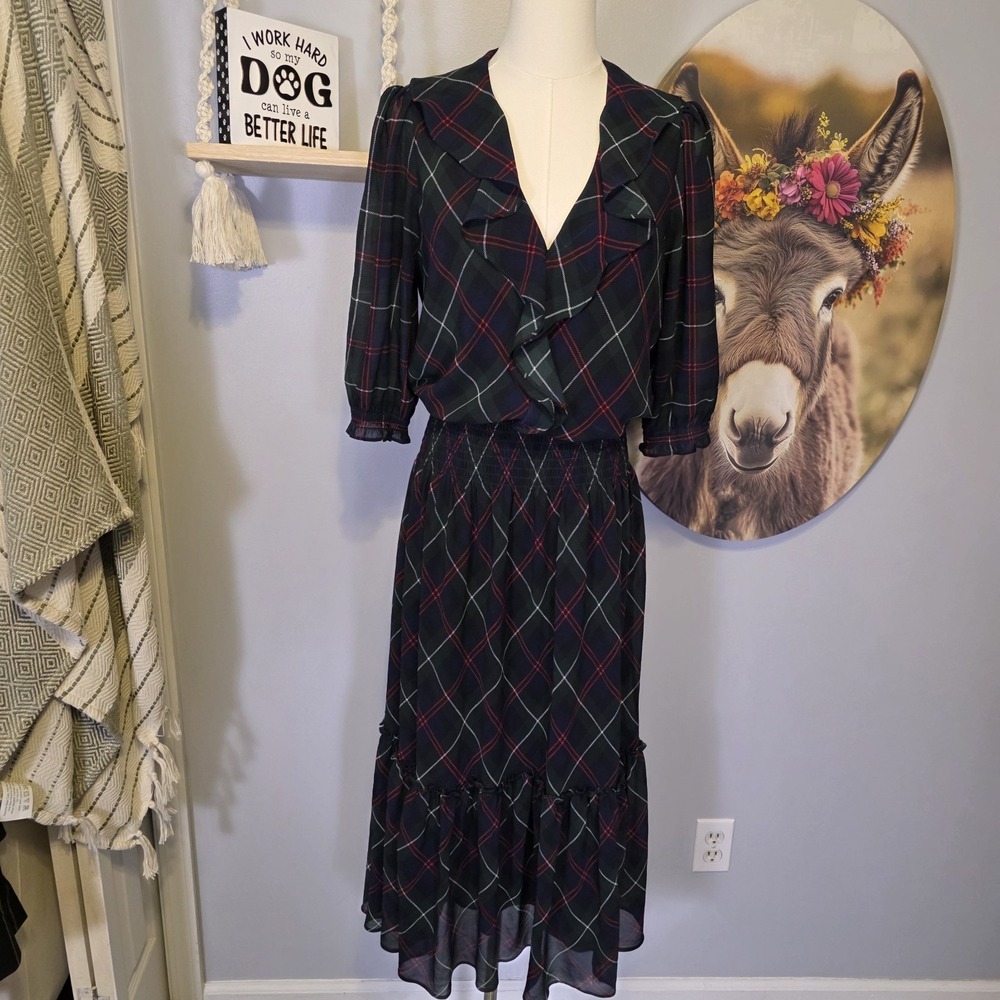 Ralph Lauren Tartan Plaid Ruffle Midi Dress Size 6 Smocked Chiffon Librarian